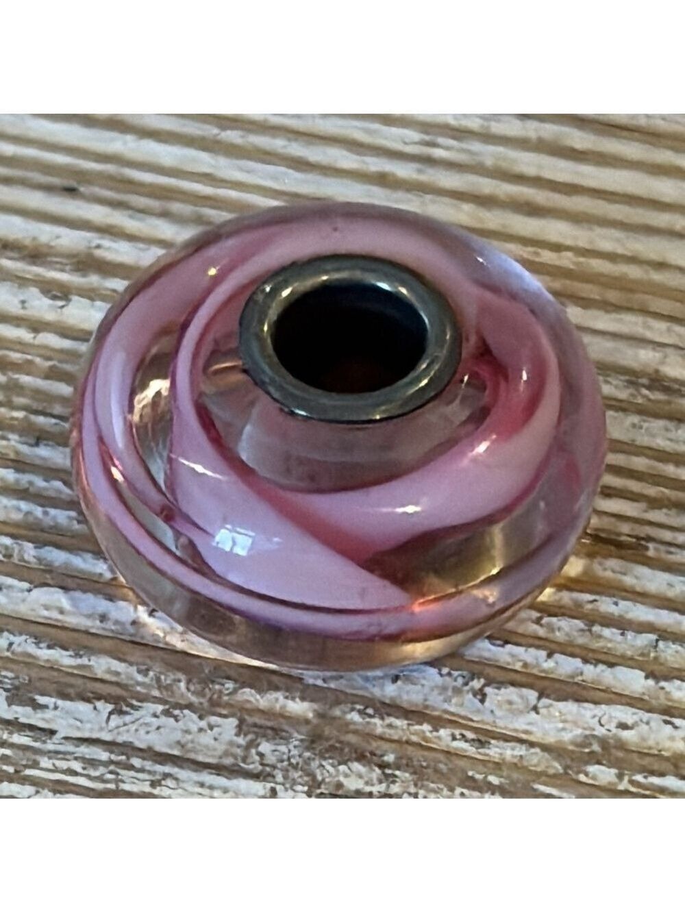 TROLLBEADS rose ribbon glass bead pink glass charm sterling silver core